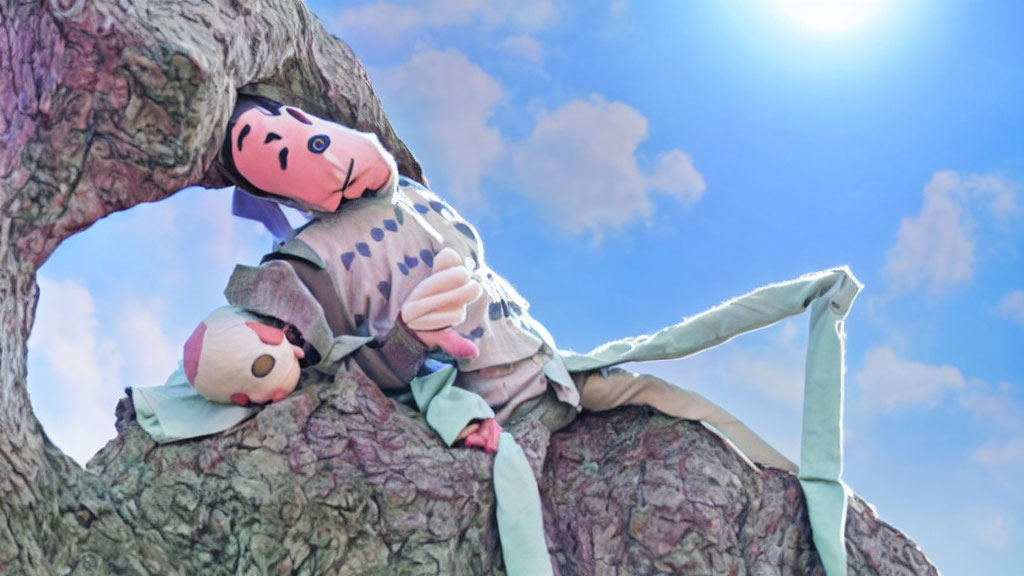 Clown-themed plush toy in tree nook under sunny sky