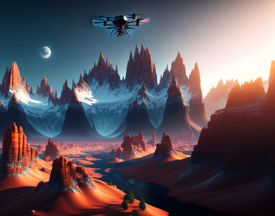 Drone captures surreal landscape with sharp peaks, desert, snow, moon, and planet