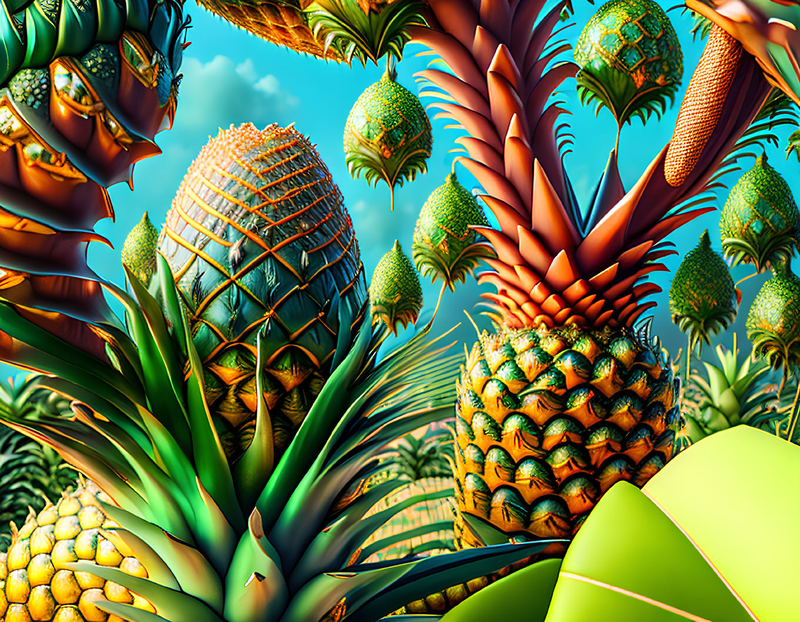 Vibrant surreal landscape with stylized pineapples and palms in geometric patterns