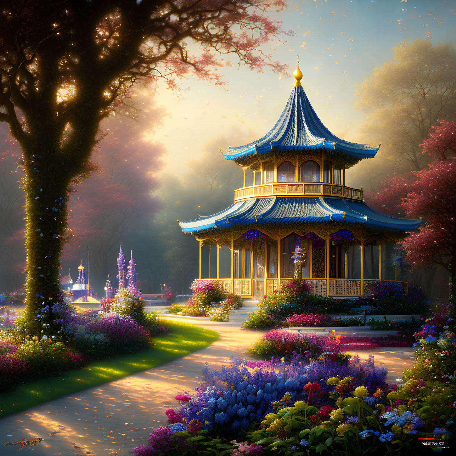 Traditional Asian-style pagoda in lush garden with blooming flowers and warm sunlight.