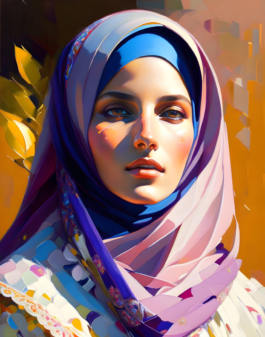 Digital portrait of woman with blue headscarf and captivating eyes on warm abstract background