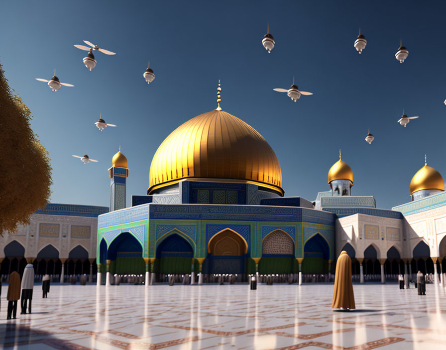 Majestic mosque with golden dome and blue tilework
