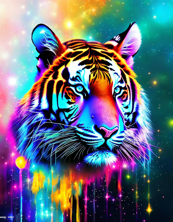 Colorful Tiger Face Artwork with Neon Glow on Cosmic Background