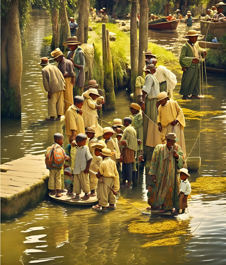 Traditional clothing gathering by river with lush greenery