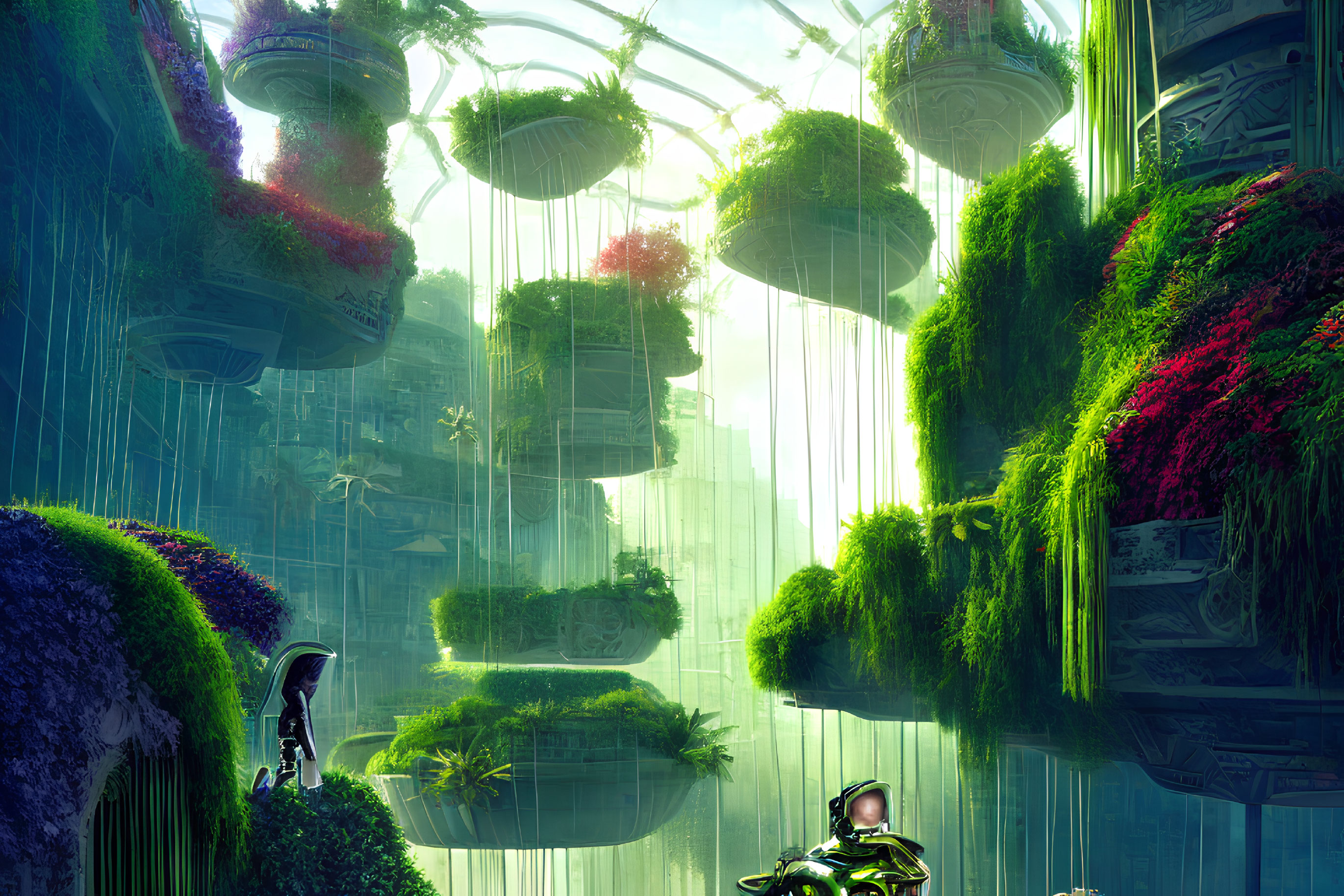 Futuristic greenhouse with floating gardens and person in high-tech suit.