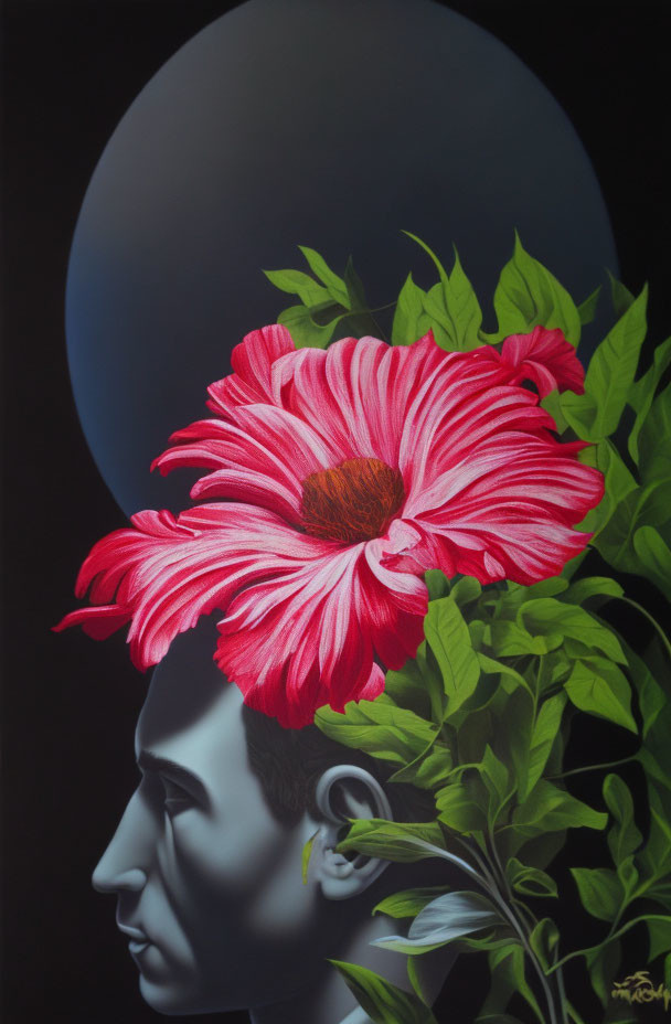 Surreal portrait with red flower and green leaves on head against dark background
