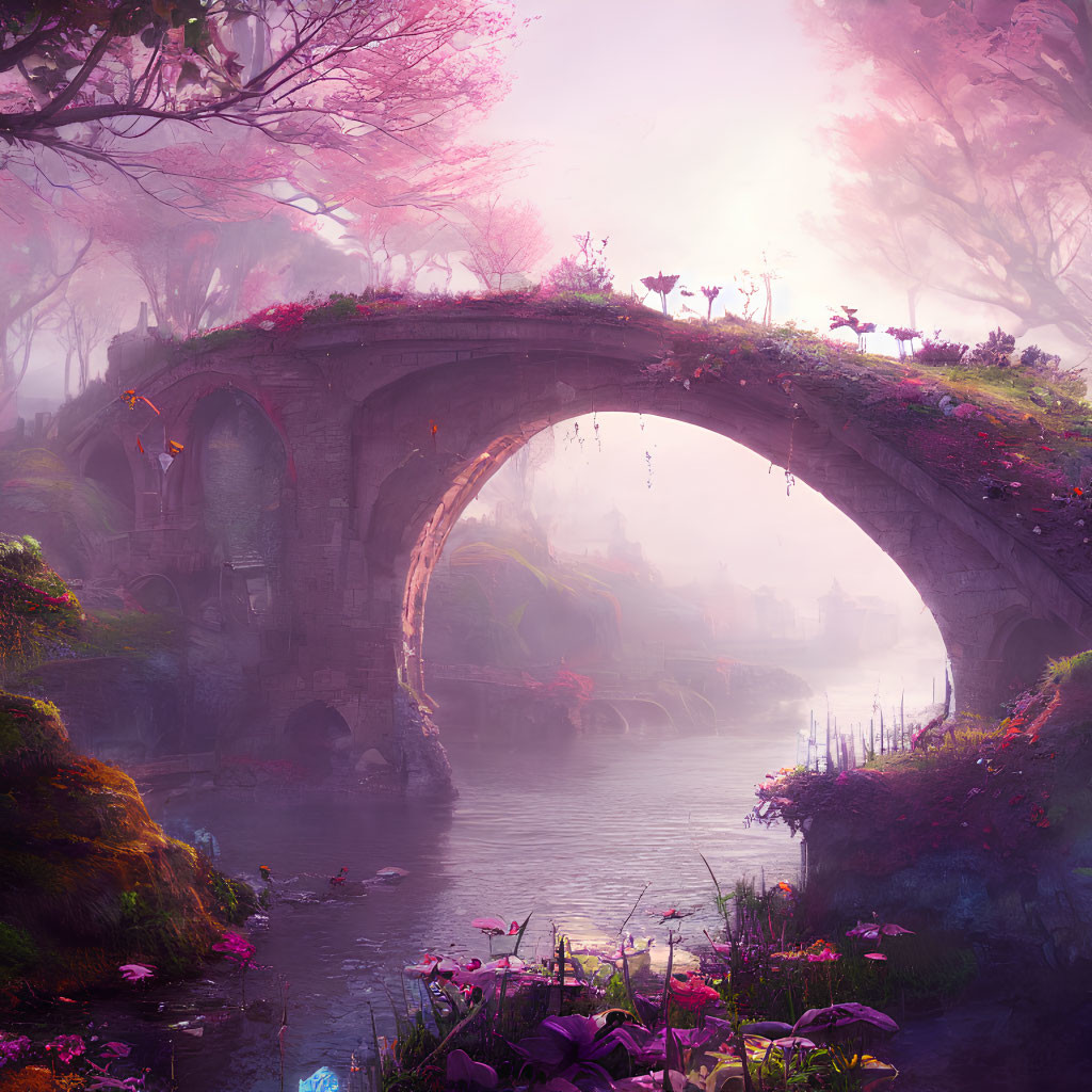 Stone bridge over tranquil river with pink blossoms and mystical light in foggy landscape