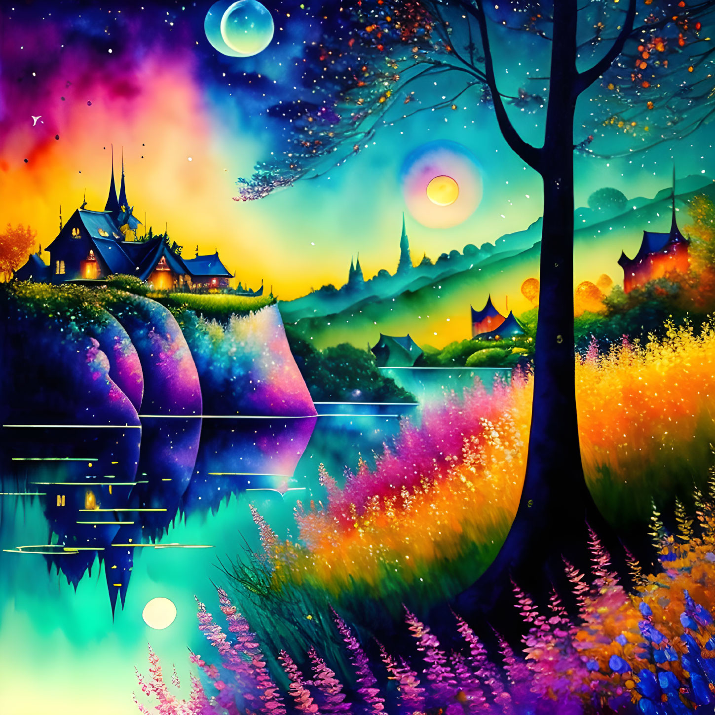 Colorful Fantasy Landscape with Luminous Tree and Whimsical Houses