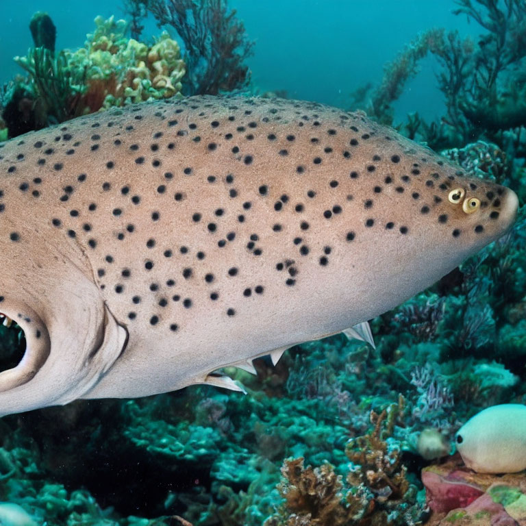 Spotted shark swimming near ocean floor with coral reefs.