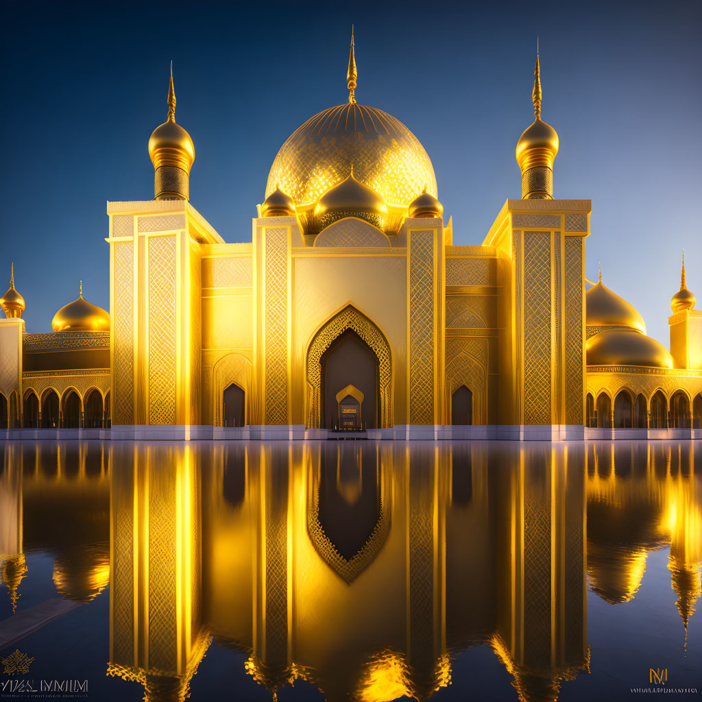 Golden Mosque with Intricate Designs, Domes, and Minarets Reflected in Water at D