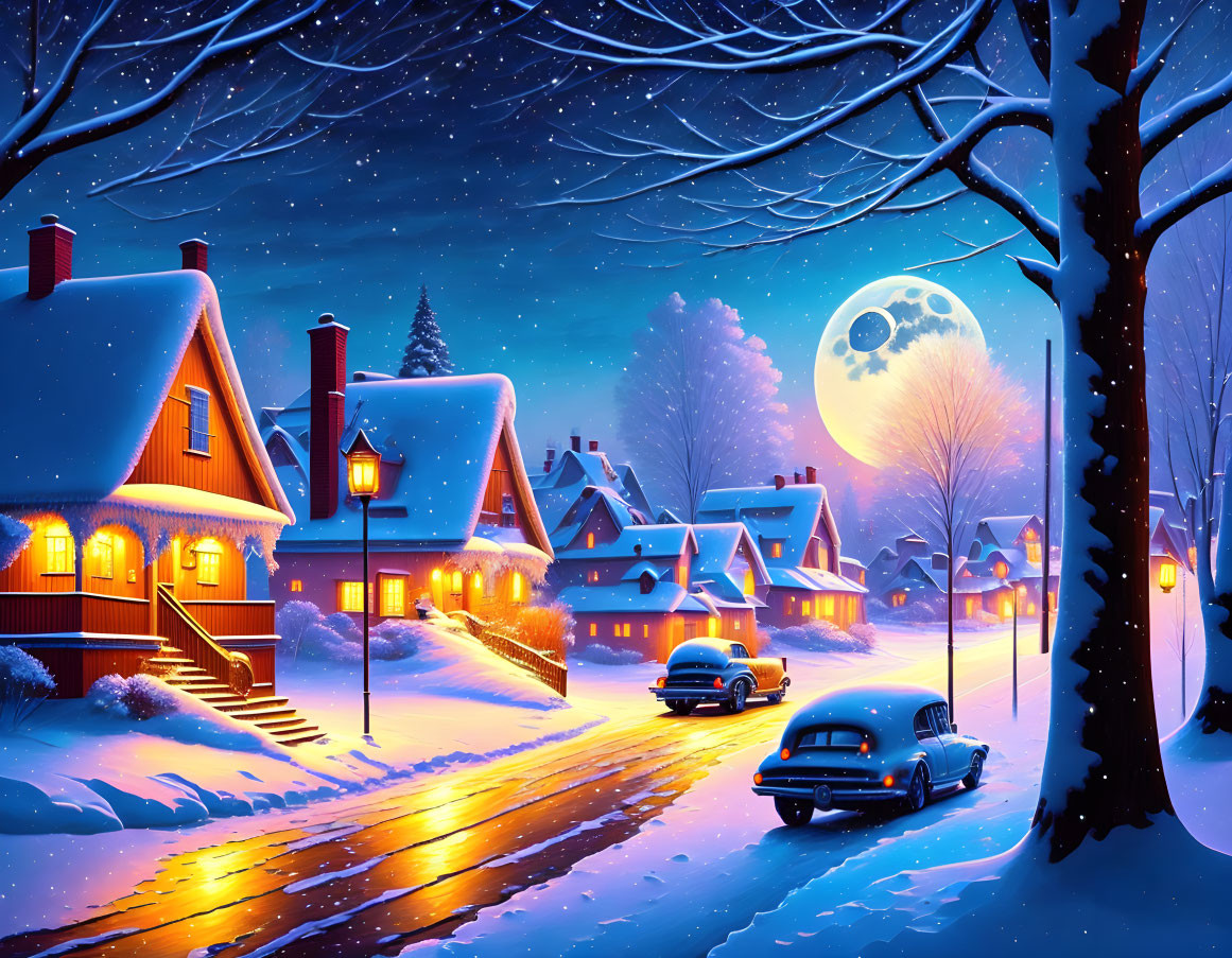 Winter Night: Snowy Street with Cozy Houses and Full Moon
