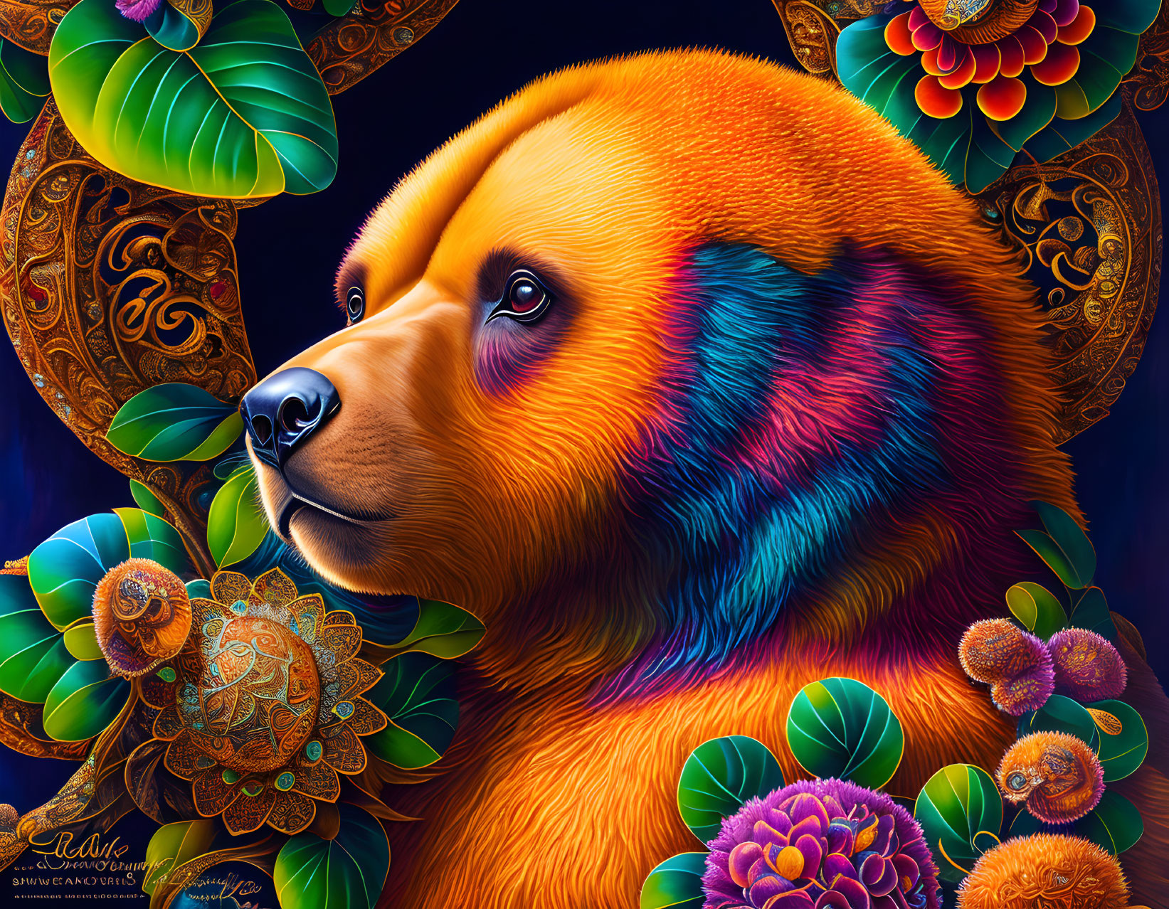 Colorful Rainbow Bear Surrounded by Ornate Foliage and Flowers