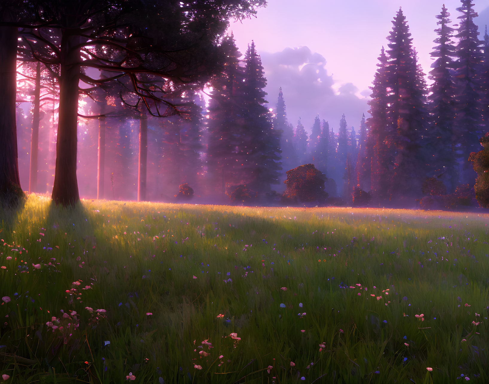 Tranquil forest glade at sunrise with sunlight filtering through tall trees