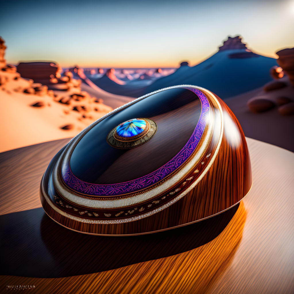 Ornate Oval-shaped Object Against Desert Landscape