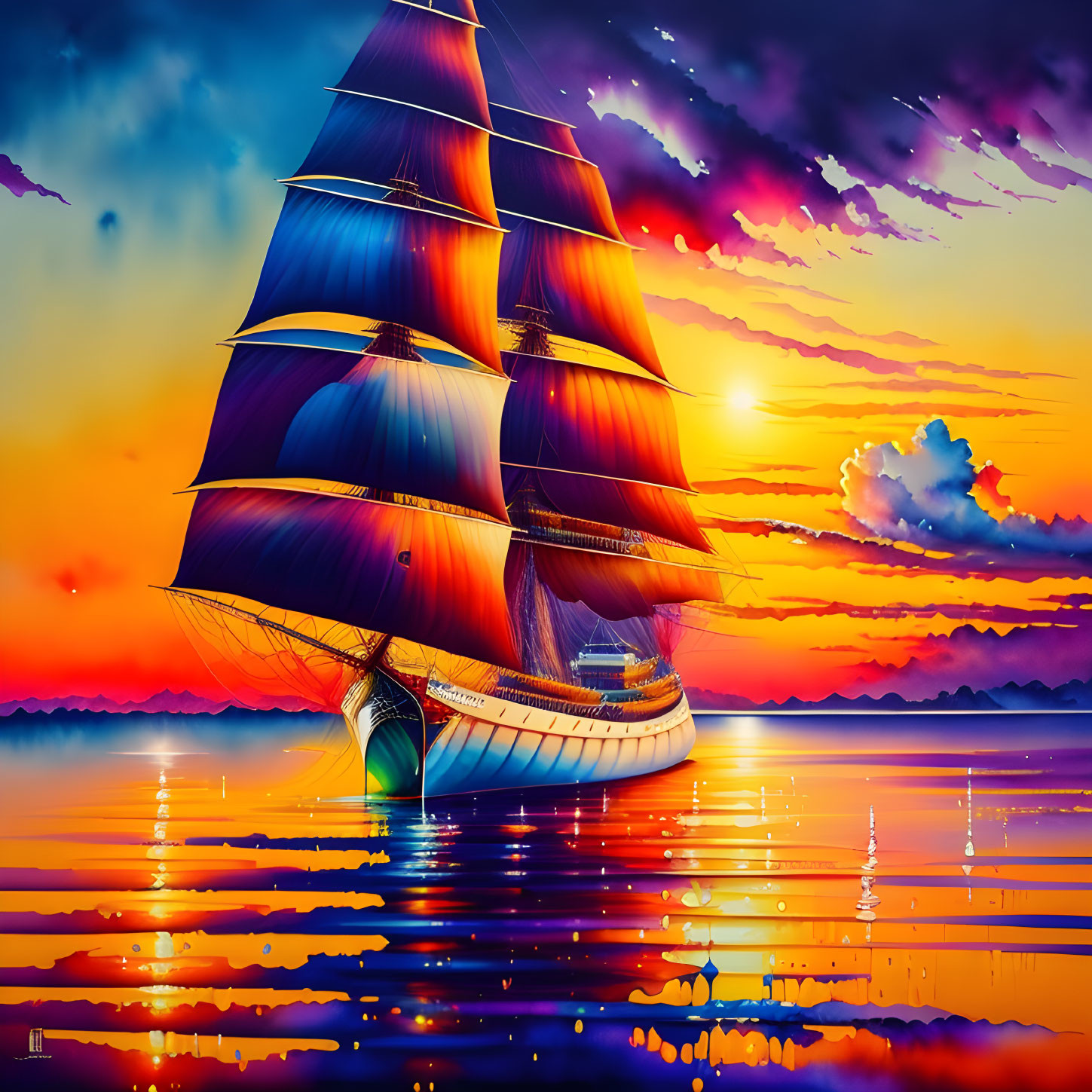 Colorful Digital Artwork: Sailing Ship on Reflective Ocean at Sunset