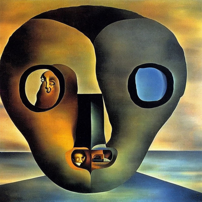 Surrealistic painting: Intertwined faces, ocean horizon, infinity theme