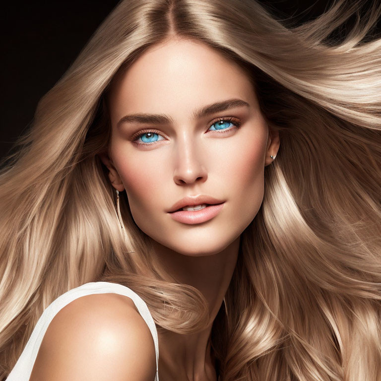 Blonde Woman with Blue Eyes and Clear Skin in Soft Makeup