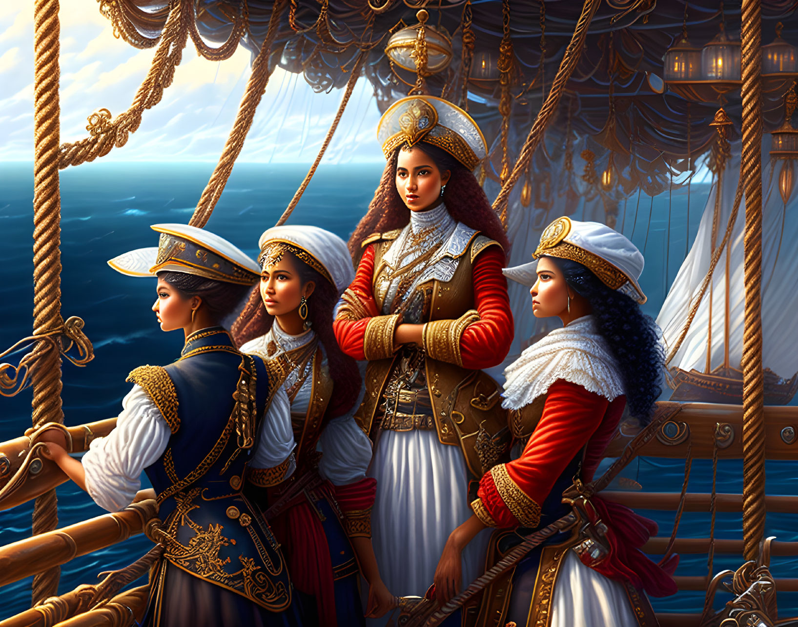 Four Women in Ornate Naval Uniforms Aboard Ship with Ocean and Sails