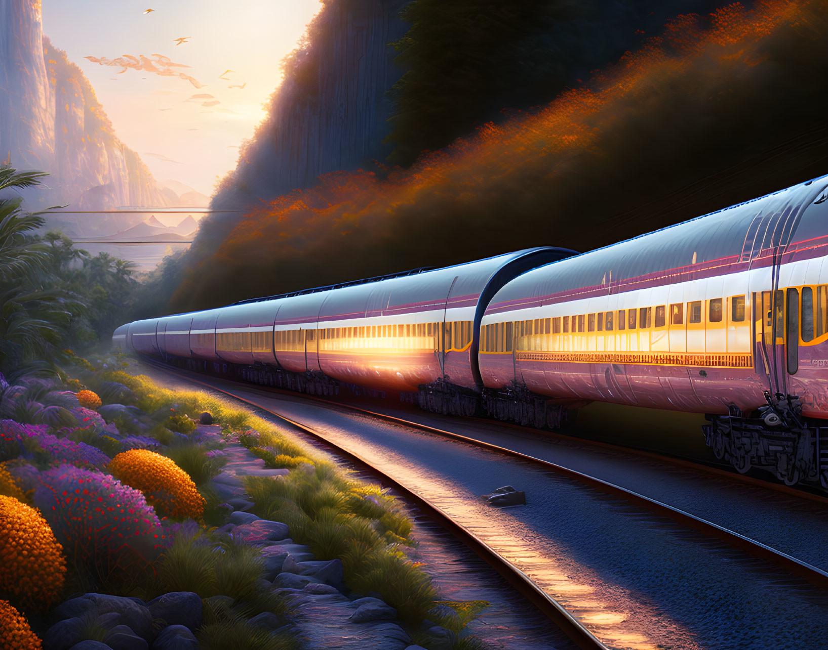 Futuristic train in lush valley at sunset with vibrant flowers and mountains.