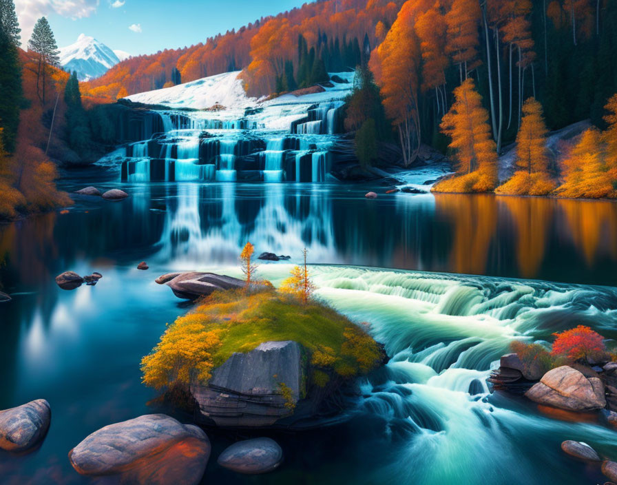 Tranquil waterfall in autumn setting with lake and mountain
