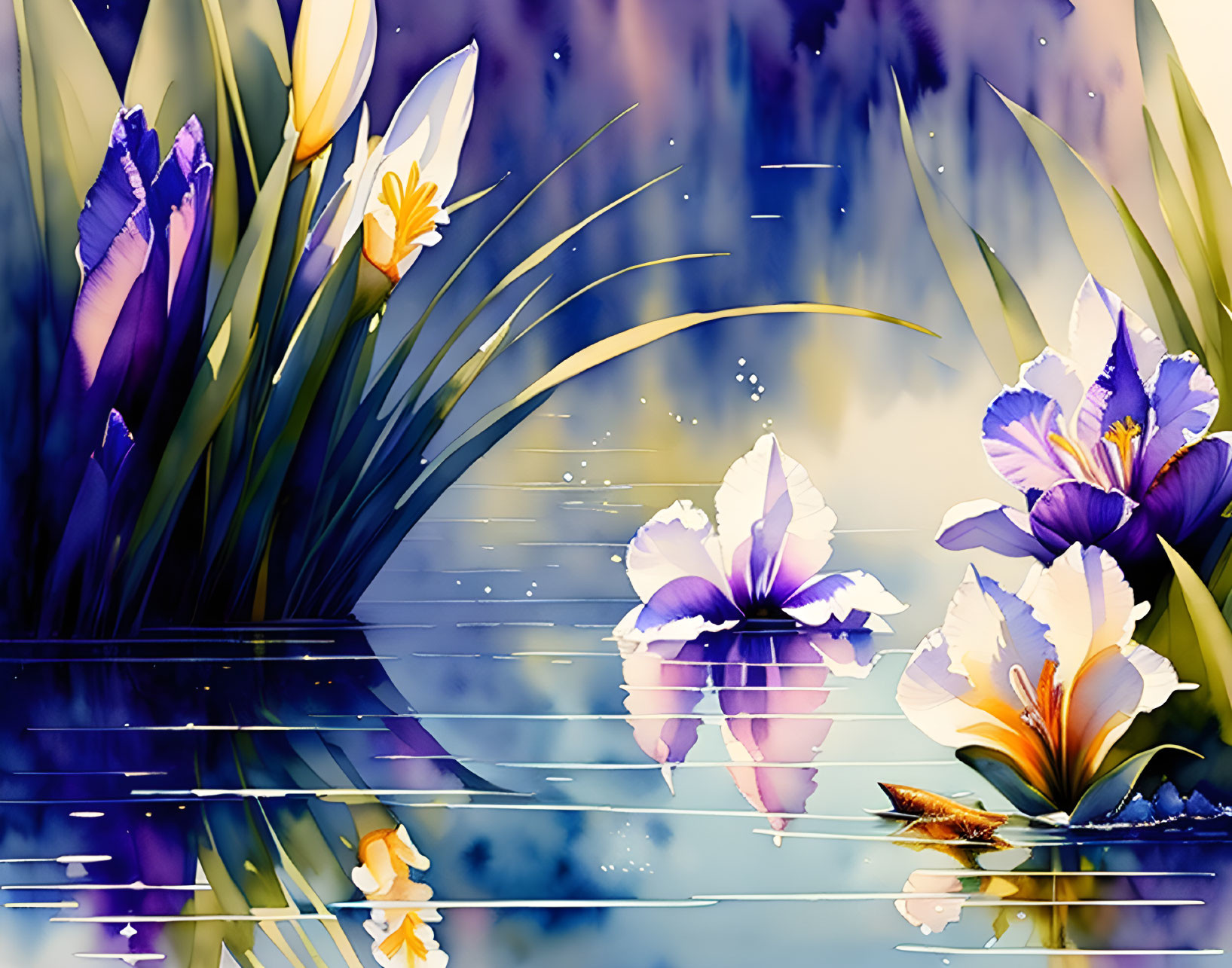 Purple and White Irises Illustration by Serene Water Body with Boat