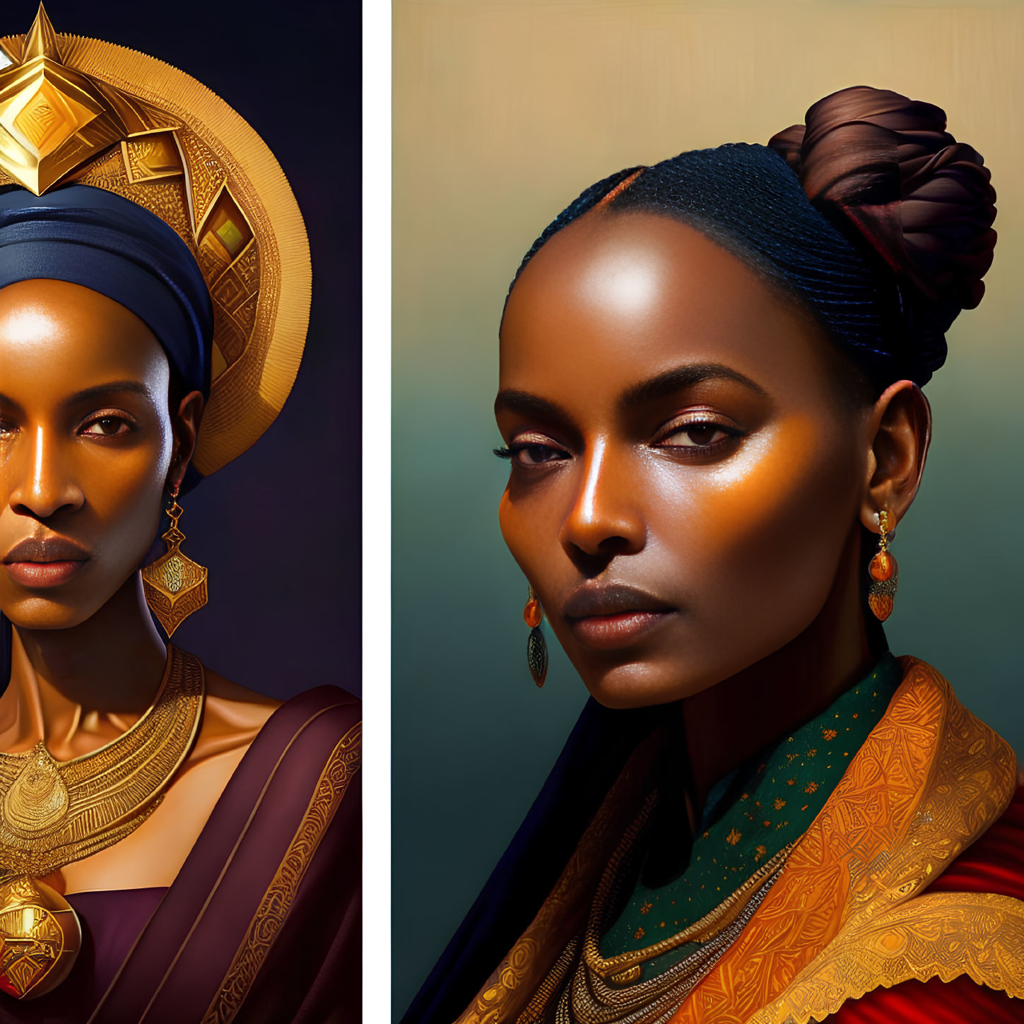 Dual portraits of woman in traditional headwear with golden accessories on dark backdrop, one warm-toned,