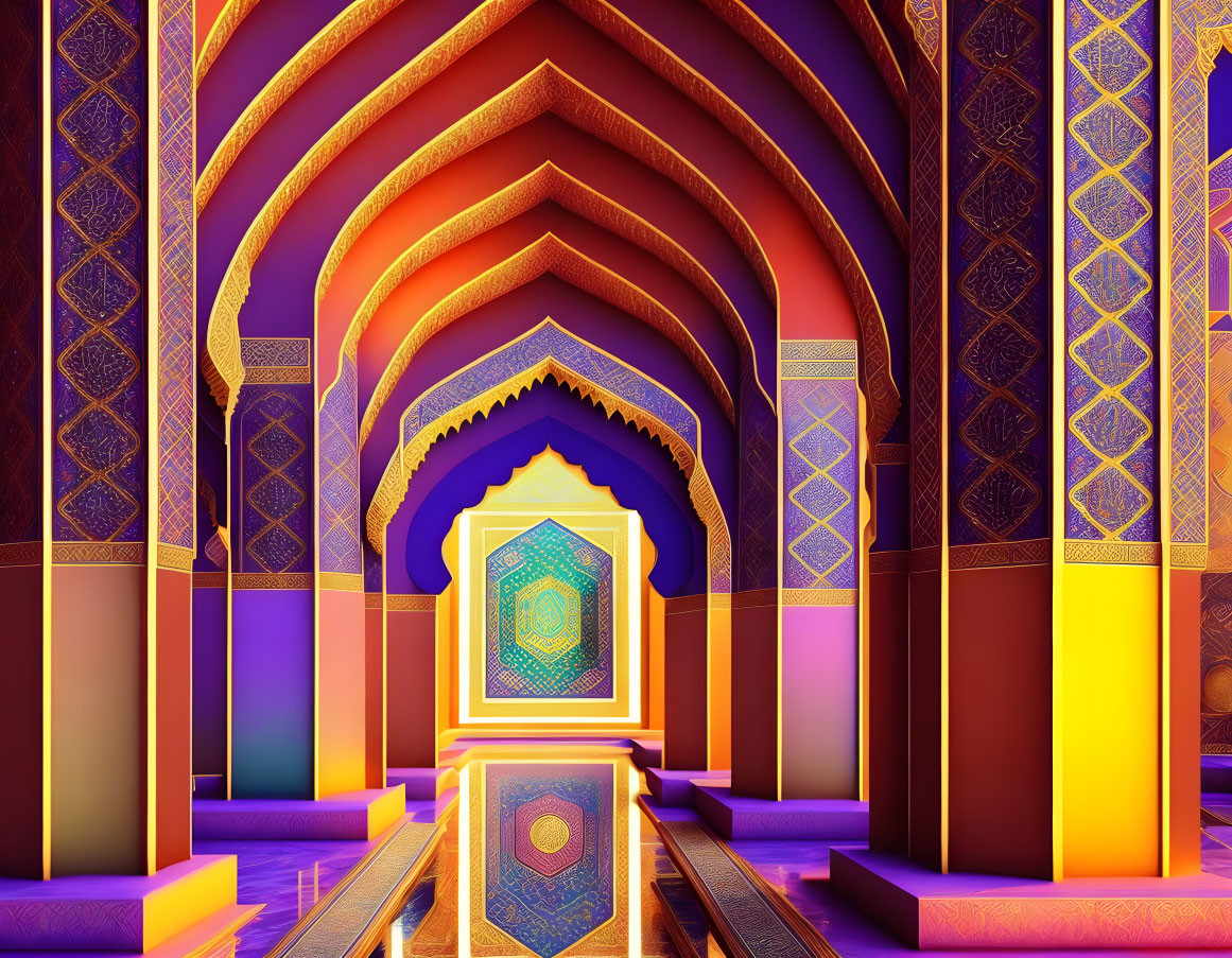 Stylized arch-lined hallway with intricate Islamic patterns
