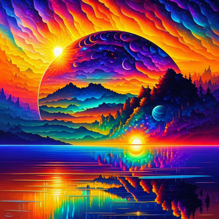 Colorful surreal landscape with moon, sky patterns, mountains, trees, and water.