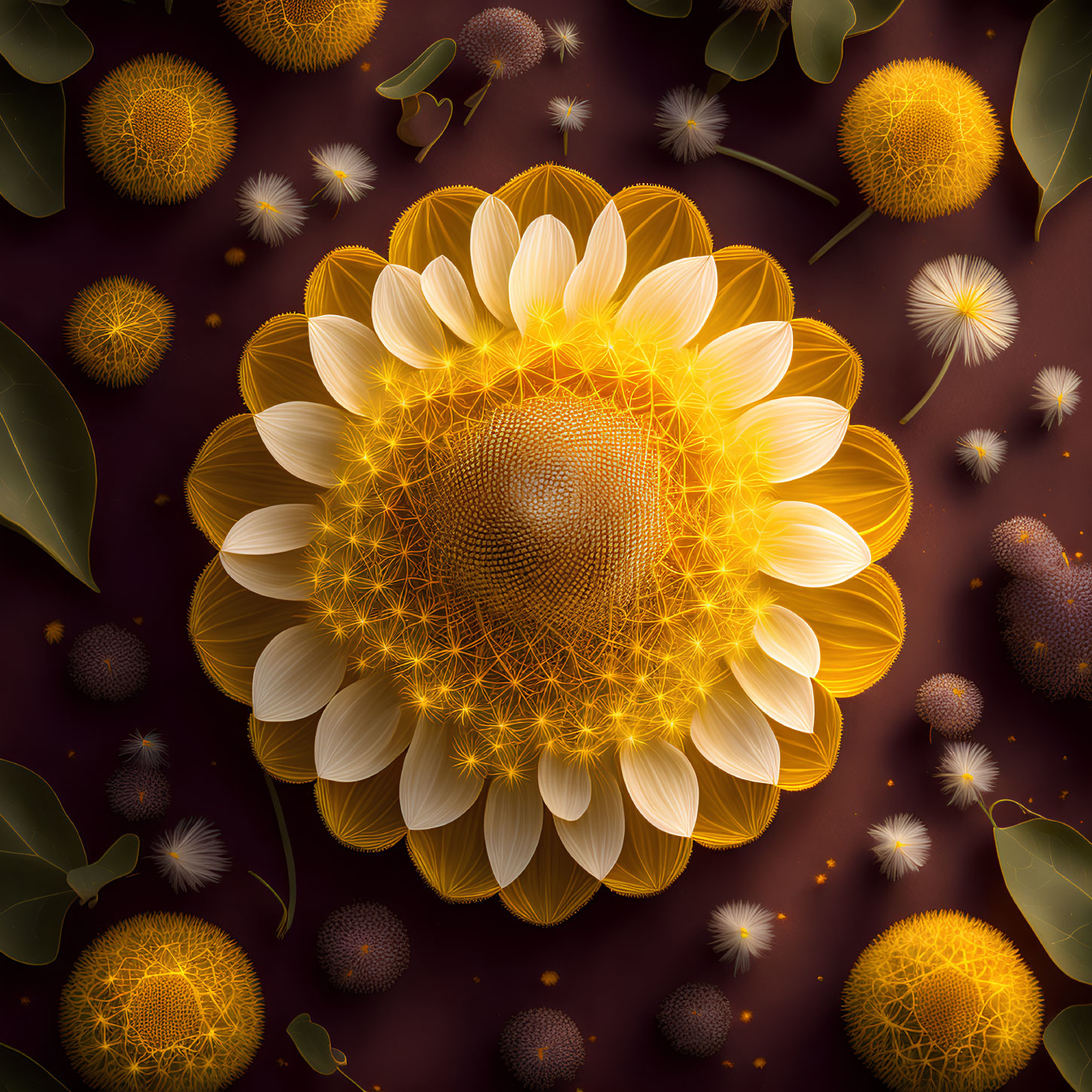 Digitally Enhanced Sunflower with Golden Accents and Dandelion Seeds on Maroon Background