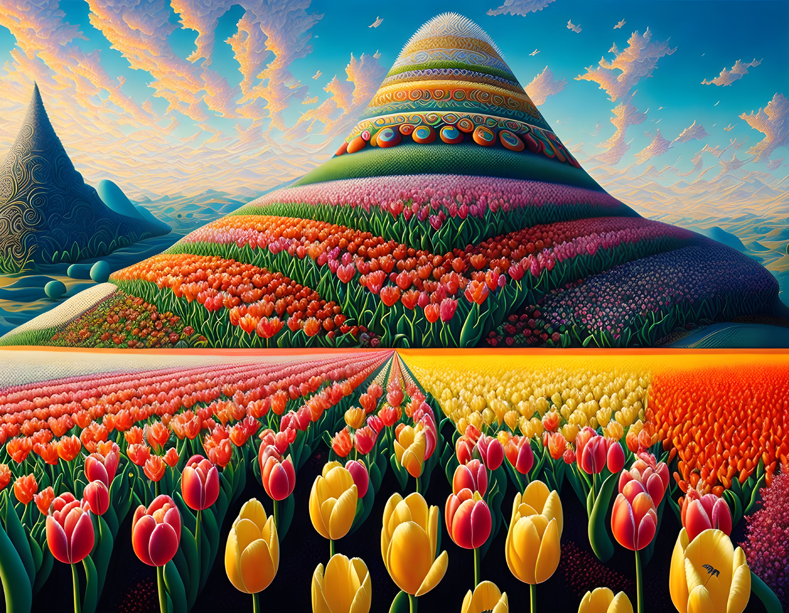 Colorful Tulip Fields and Patterned Hills in Surreal Landscape