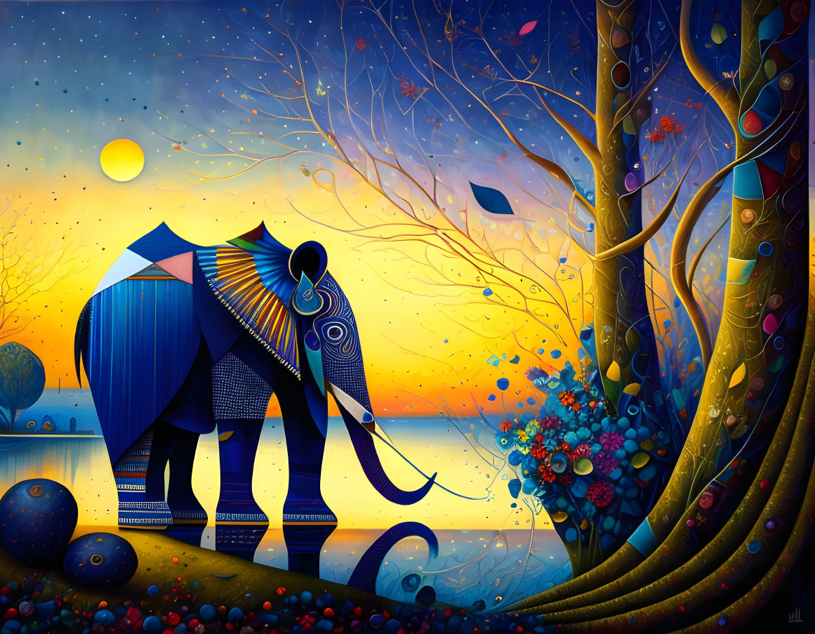 Colorful Stylized Elephant Sunset Scene with Water and Whimsical Trees