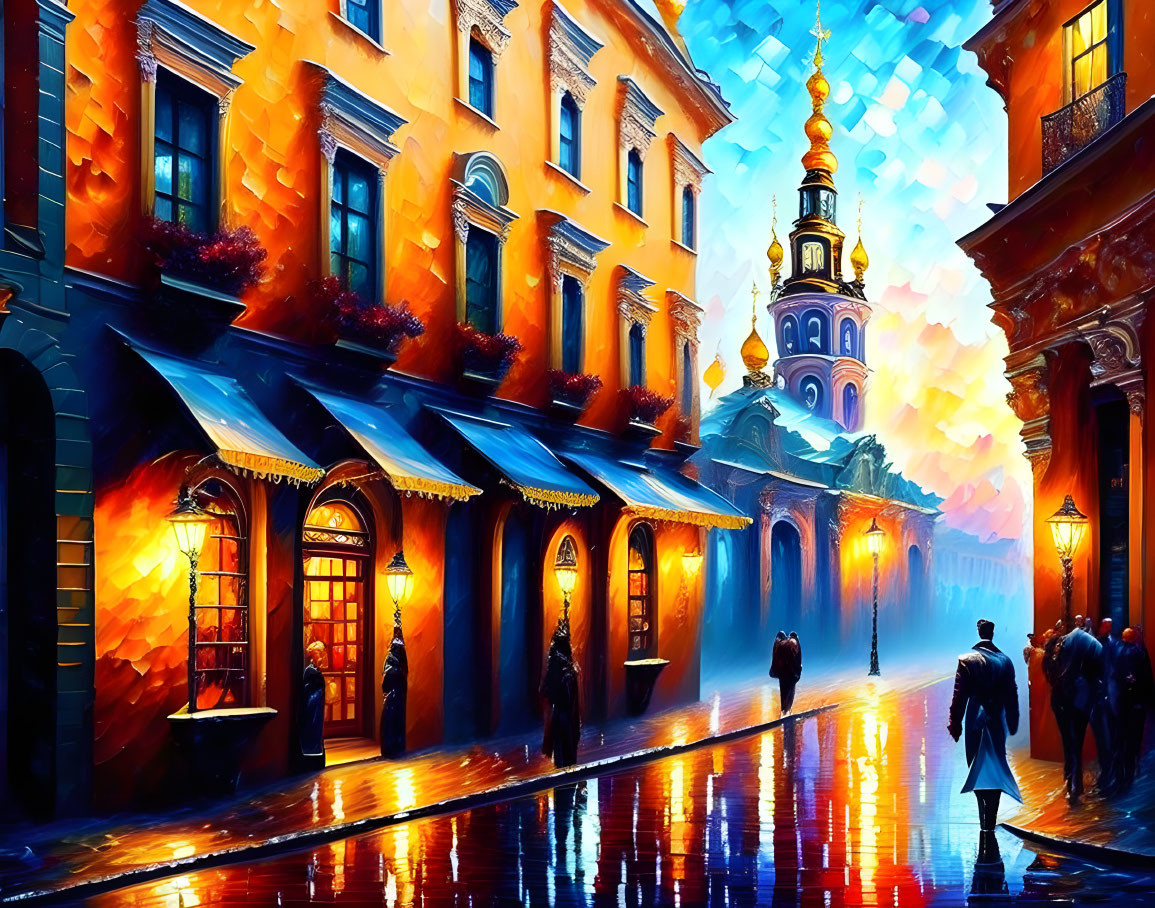 Colorful cityscape painting: bustling street at dusk, illuminated buildings, wet cobblestone path,