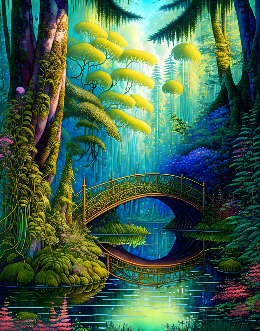 Fantastical forest scene with bridge, river, lush vegetation, and mystical plants