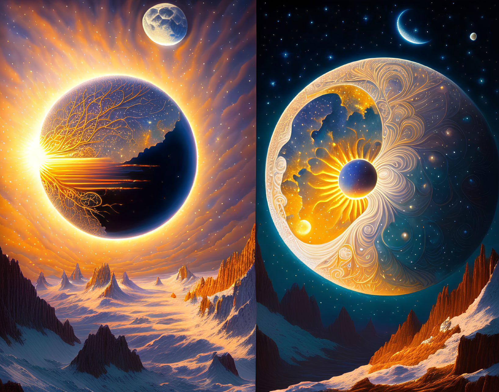 Circular cosmic entities diptych: day & night landscapes, vibrant colors