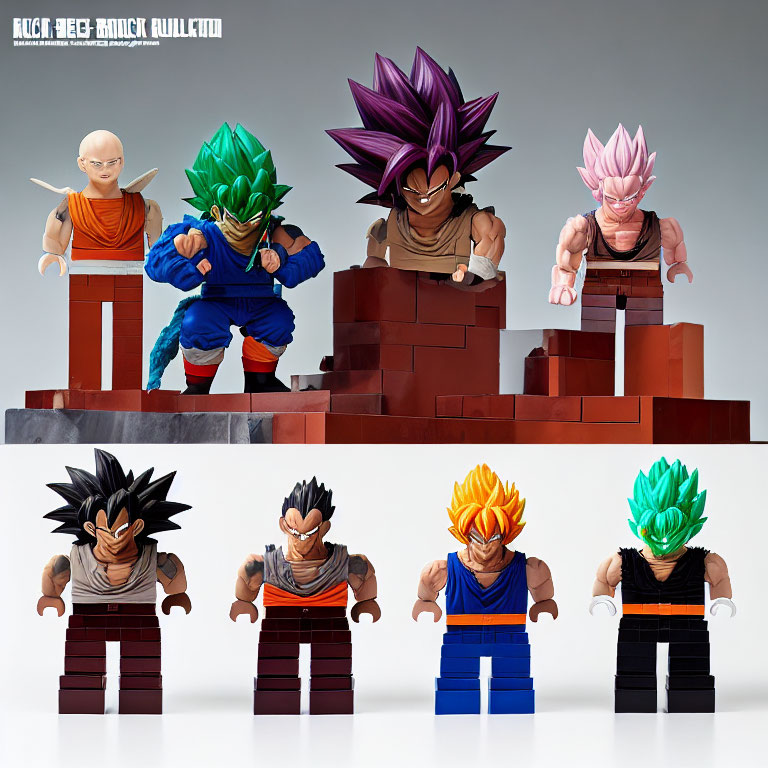 Eight Dragon Ball Character Figures on Blocks: Featuring Various Forms of Vegeta and Krillin