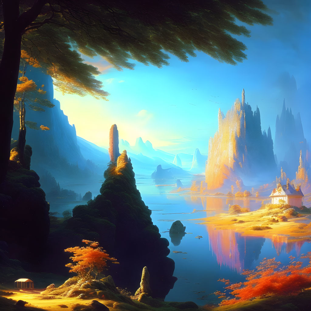 Tranquil fantasy landscape with rock formations, lake, autumn trees, and classical structure
