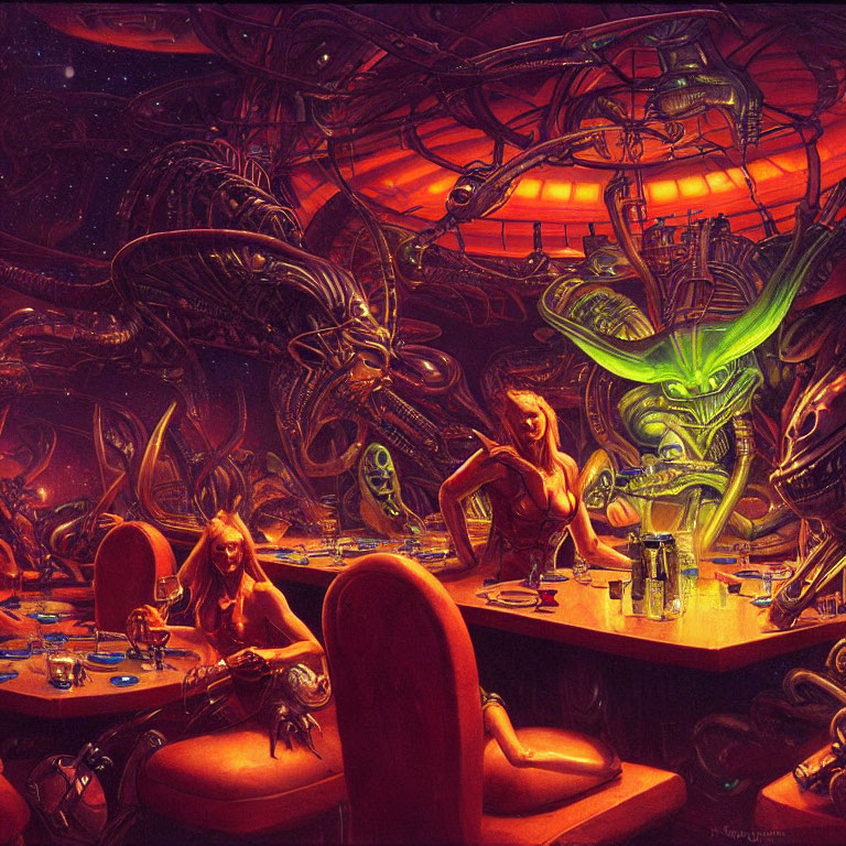 Detailed Sci-Fi Scene: Alien Beings in Biomechanical Bar