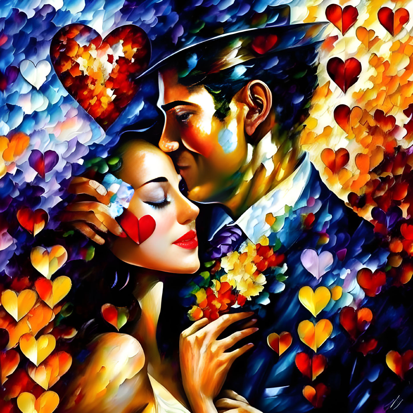 Romantic Couple Embracing Surrounded by Vibrant Hearts