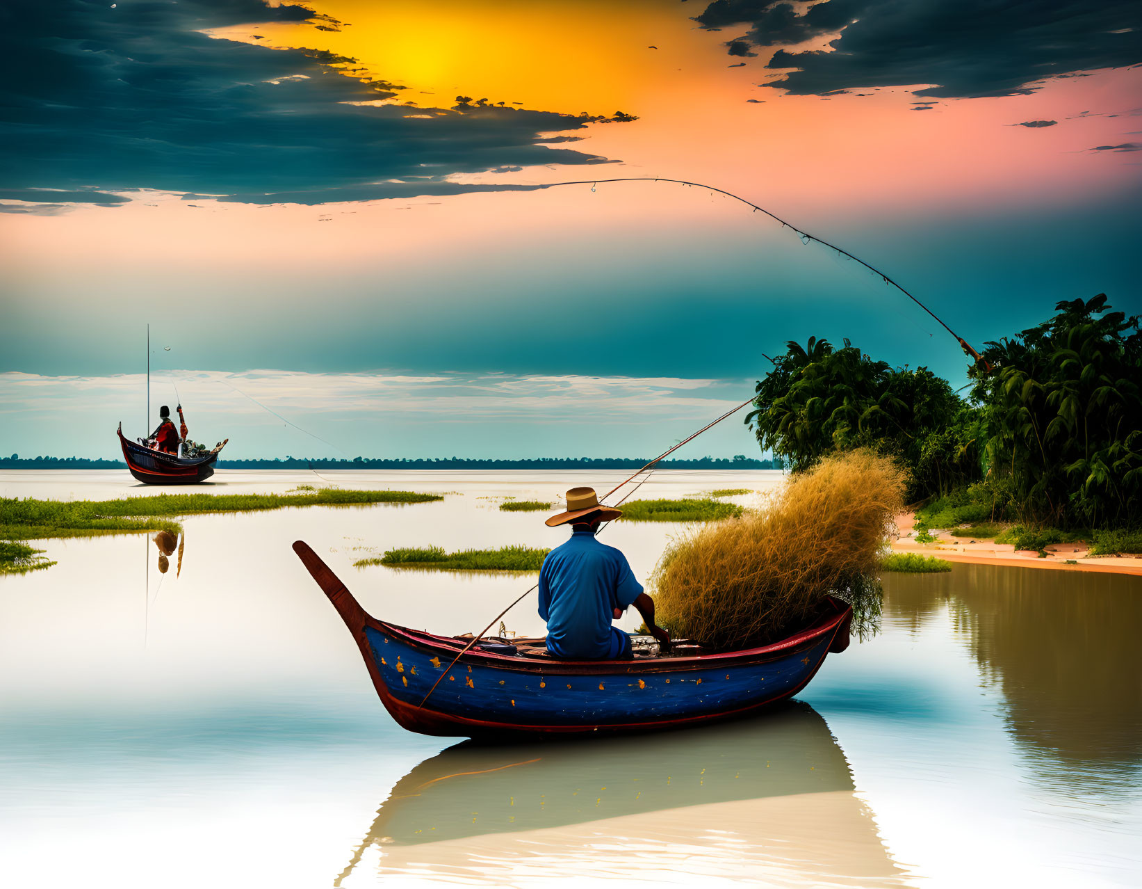 Person in straw hat casting net from blue boat on calm river at sunset