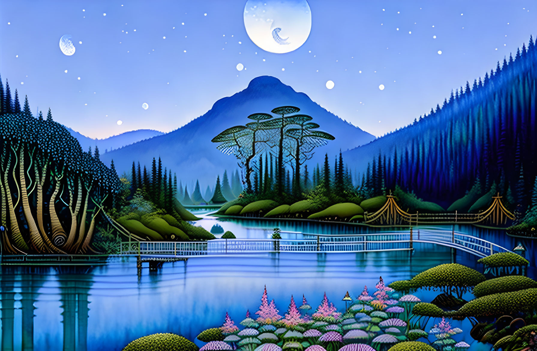 Moonlit Fantasy Landscape with Lake, Footbridge, and Whimsical Trees