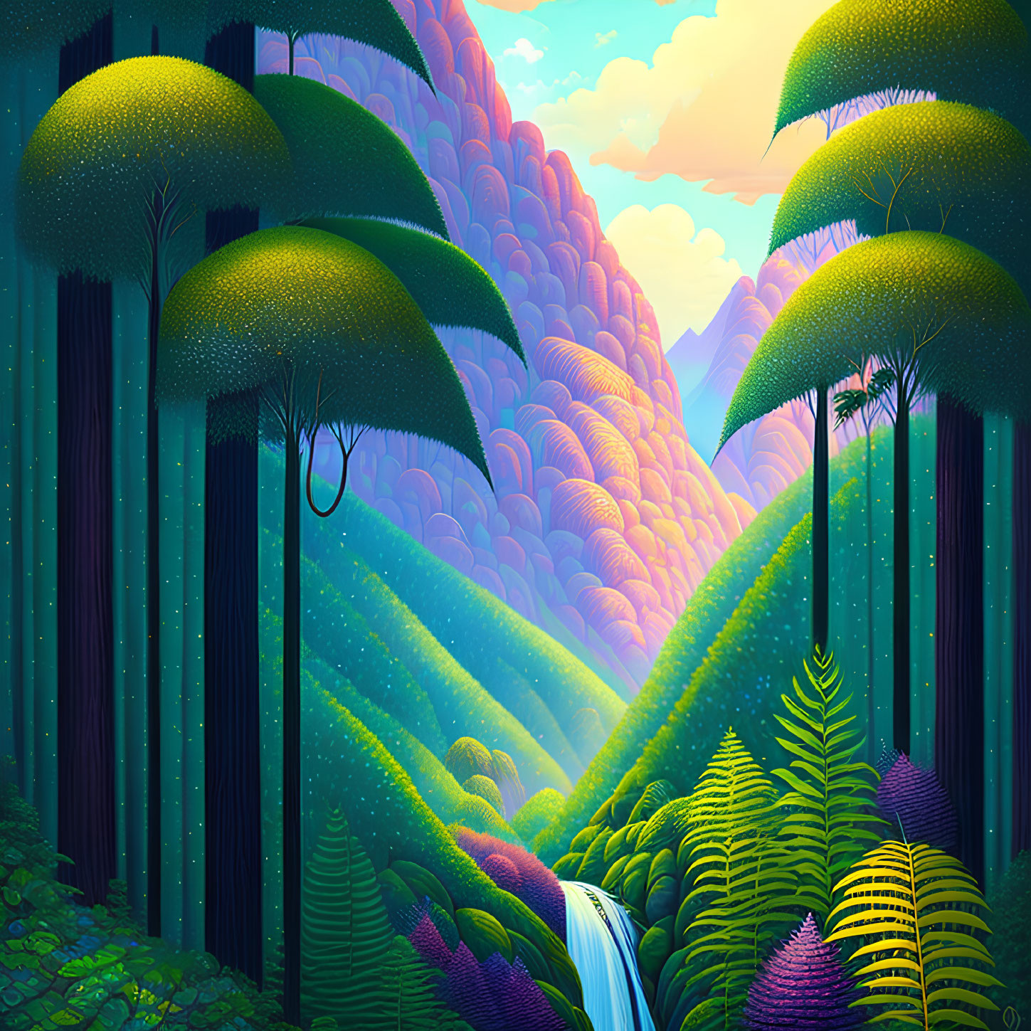 Colorful Fantasy Landscape with Oversized Tree Ferns and Waterfall