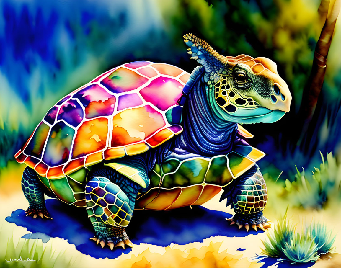 Colorful Tortoise Painting with Rainbow Shell on Blue Background