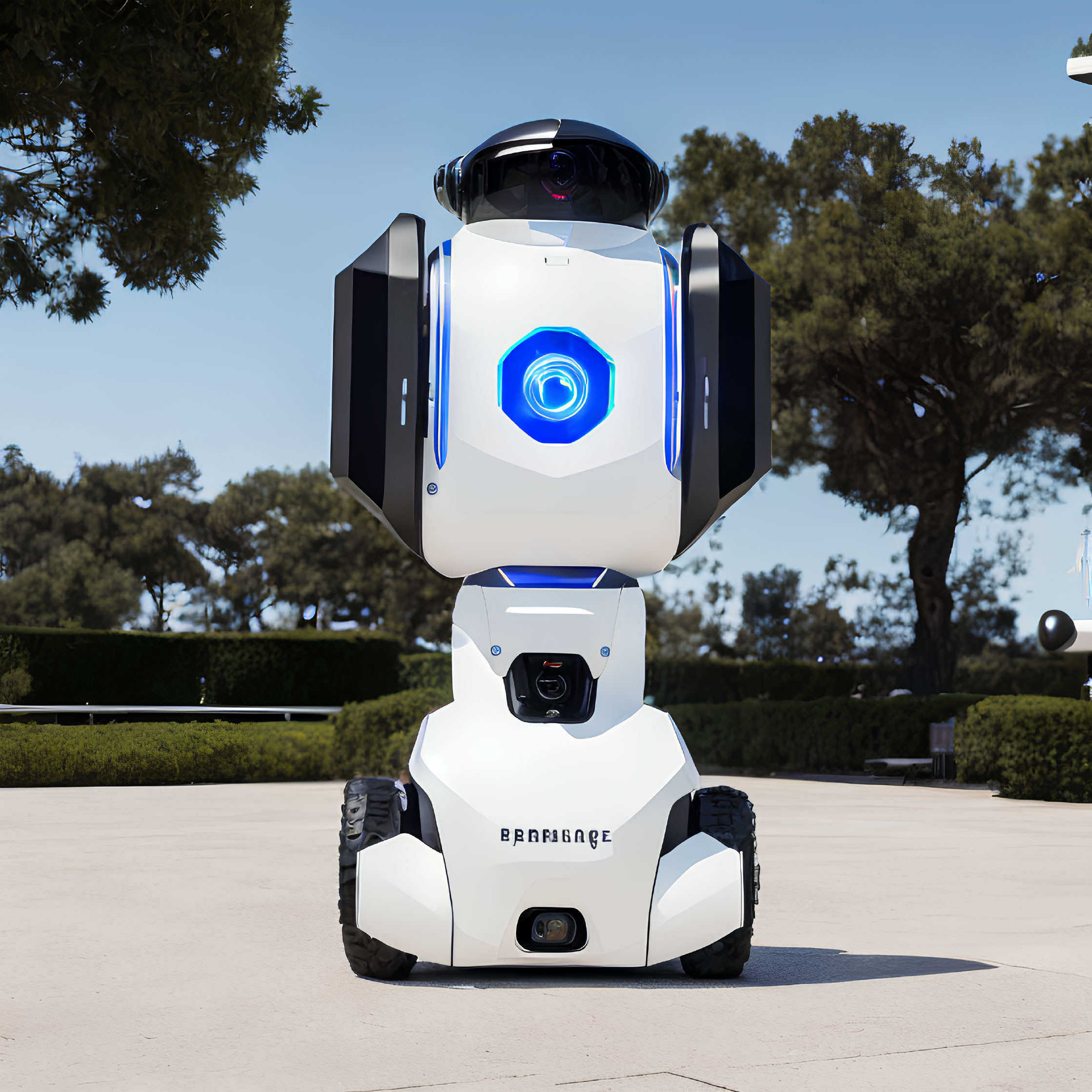 White Security Robot with Blue Light and Cameras Outdoors