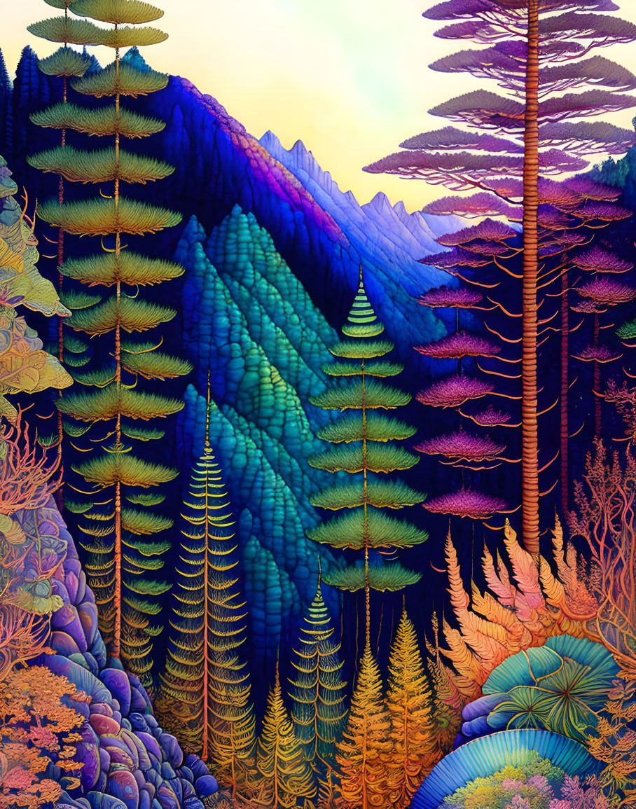 Colorful stylized trees in vibrant fantasy landscape.