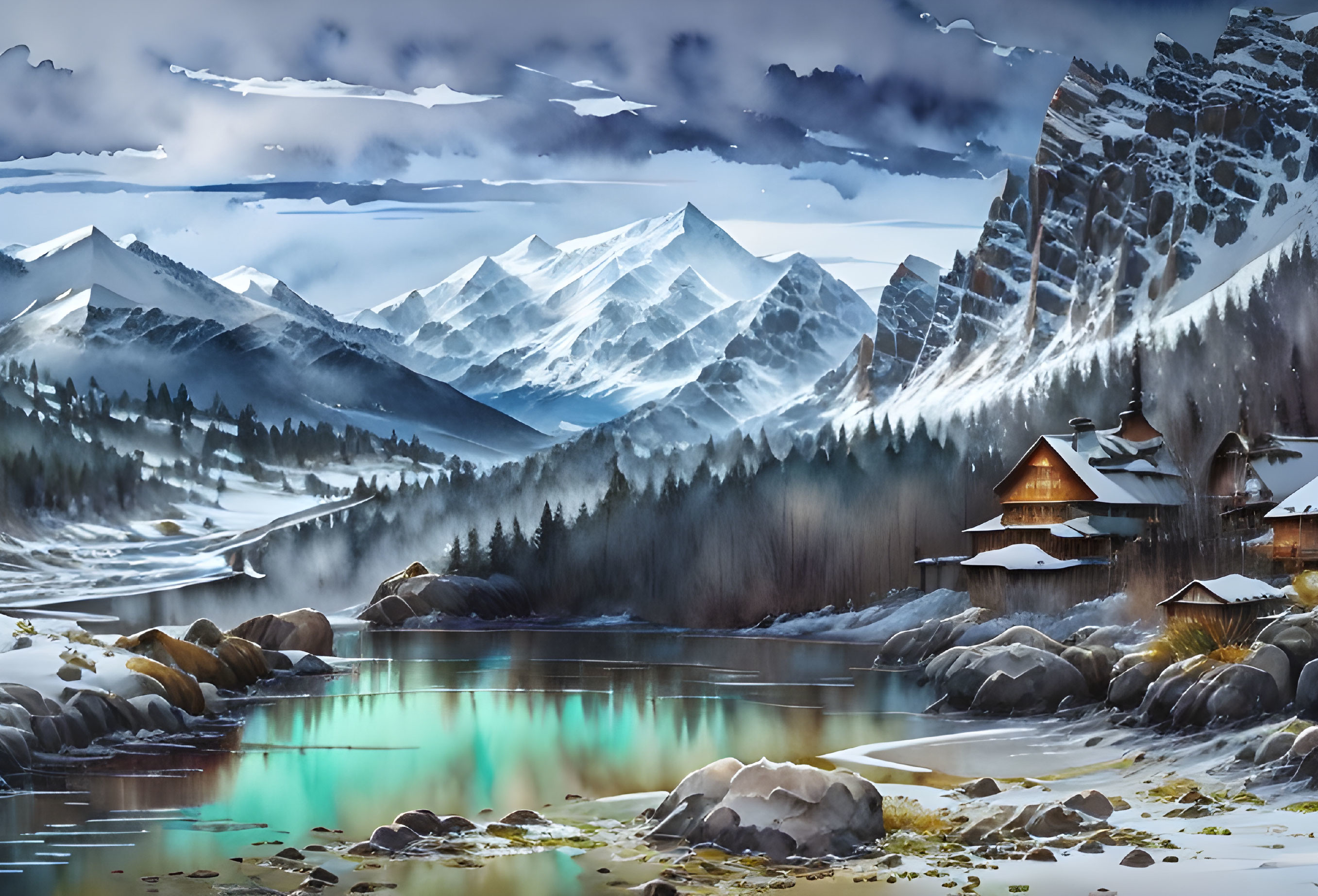 Tranquil Winter Landscape with Mountains, Lake, Snowy Trees, and Cottages