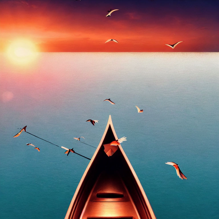 Wooden boat sailing at sunset with birds and reflections in calm waters