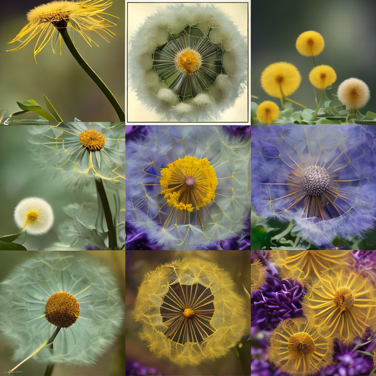 Nine-image Collage of Yellow Dandelion Flowers in Different Stages