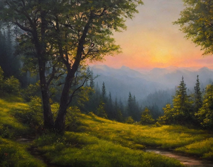 Serene landscape painting of forest clearing with pathway, towering trees, and soft sunrise.