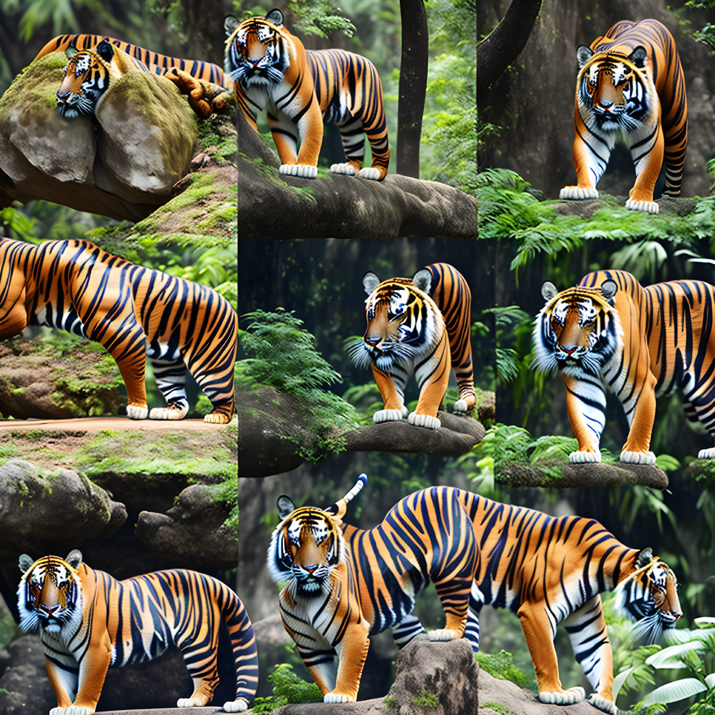 Bengal tiger in lush green forest with nine poses among rocks and foliage