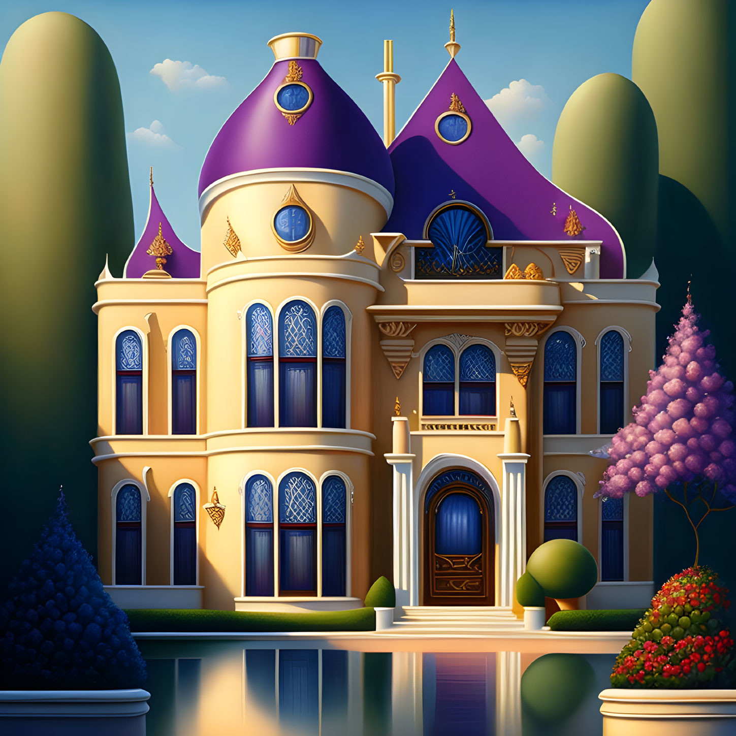 Whimsical fairytale mansion with purple domes and golden accents
